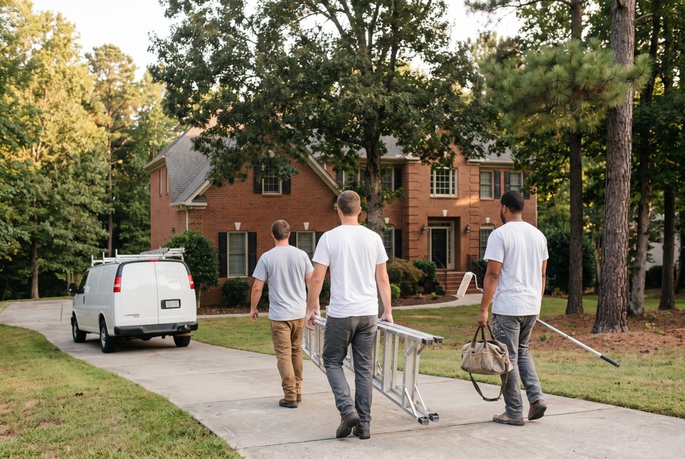 A three-person painting and remodeling crew carrying a ladder and tools from a white work van up the driveway of a brick house