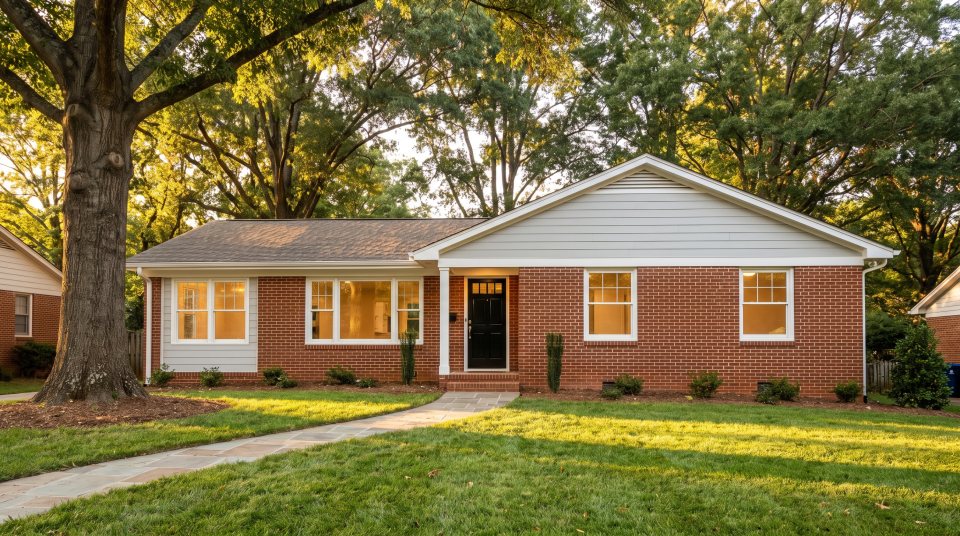 A brick ranch house with a white porch gable on a tree-lined street in warm evening light