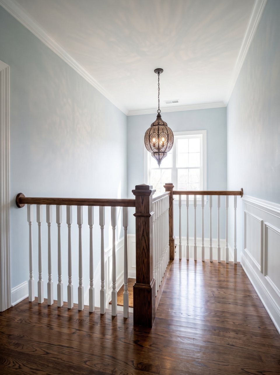 A stair hall with white balusters, a dark oak rail and wainscot
