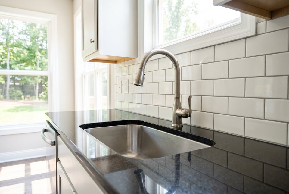 A black granite counter with a subway-tile backsplash and an undermount sink