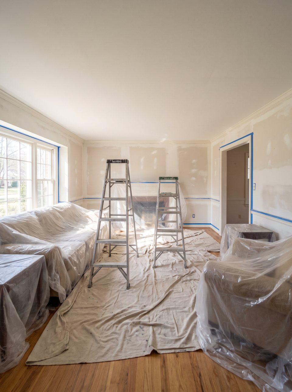 A living room prepared for painting with ladders, drop cloths, covered furniture and taped trim