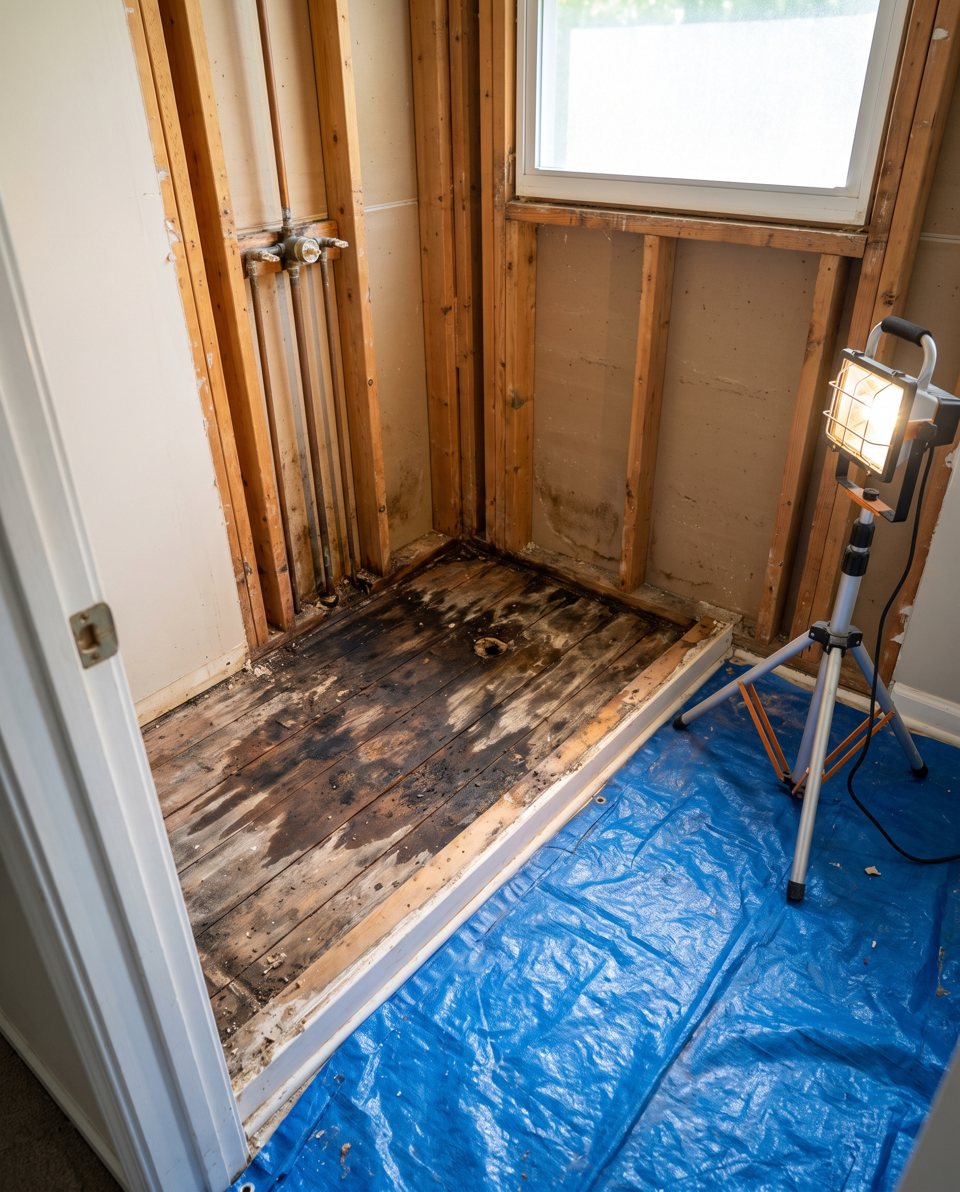 A shower during demolition with the old pan removed and water-damaged subfloor exposed
