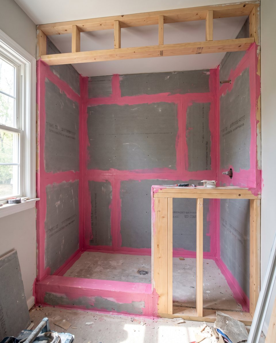 A shower rebuilt in cement board with the seams sealed in waterproofing membrane