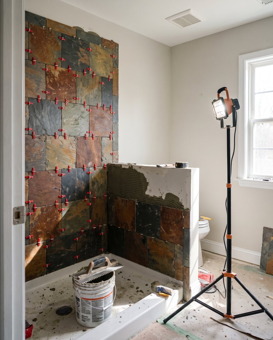 Slate tile being set on a shower wall with spacers and thinset