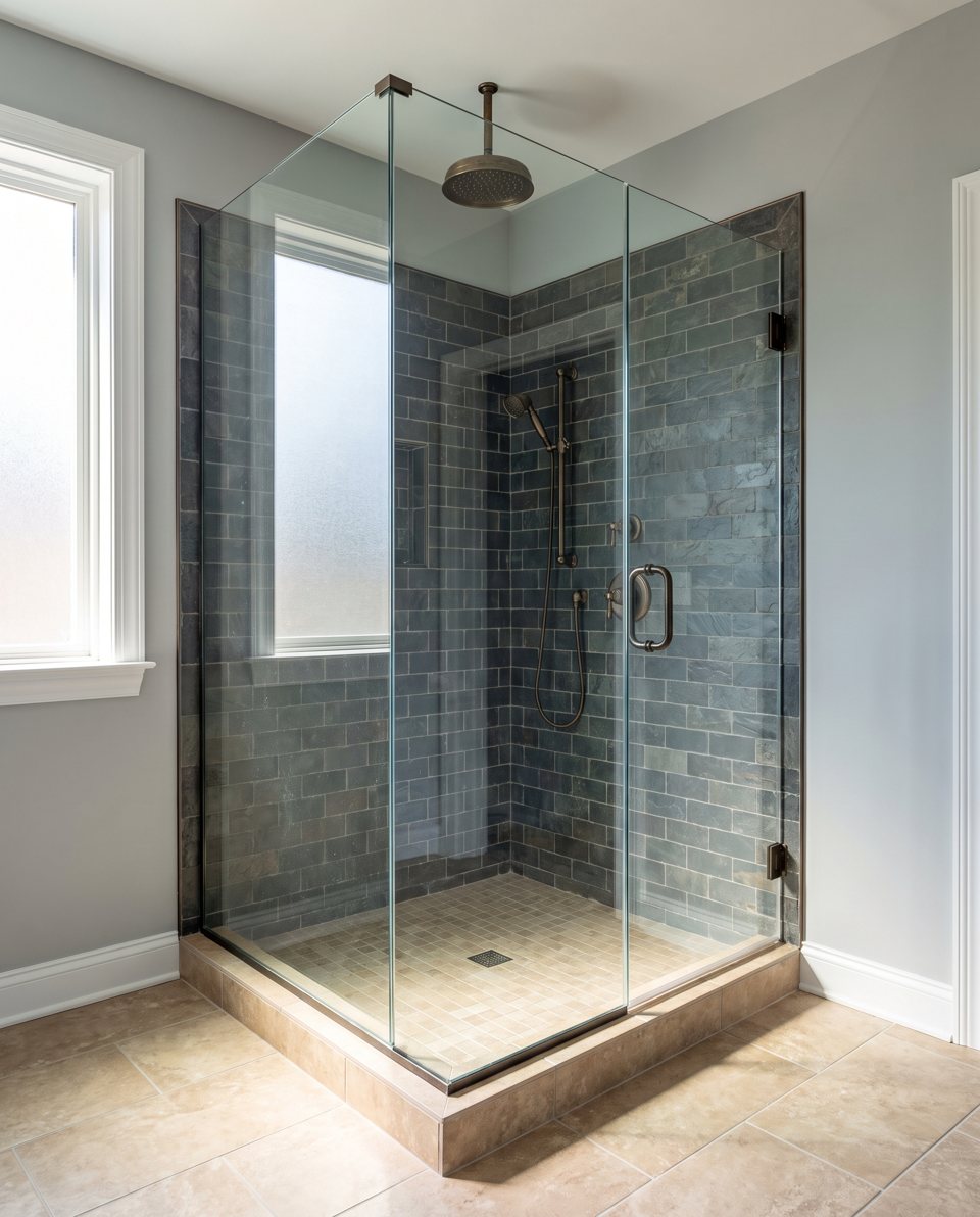 The finished walk-in shower with slate tile, glass door and rain shower head