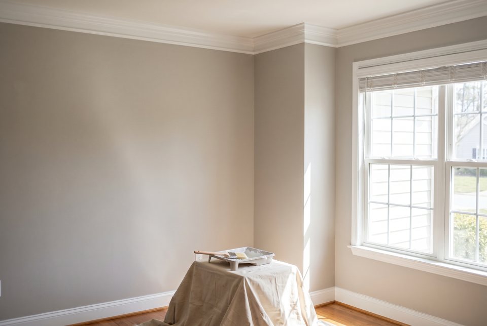 A freshly repainted living room with warm gray walls, crisp white crown molding and trim, and a drop cloth folded in the corner