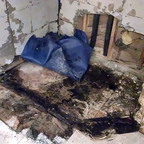 A shower stripped out during demolition, showing black water damage and rotten subfloor beneath the old pan